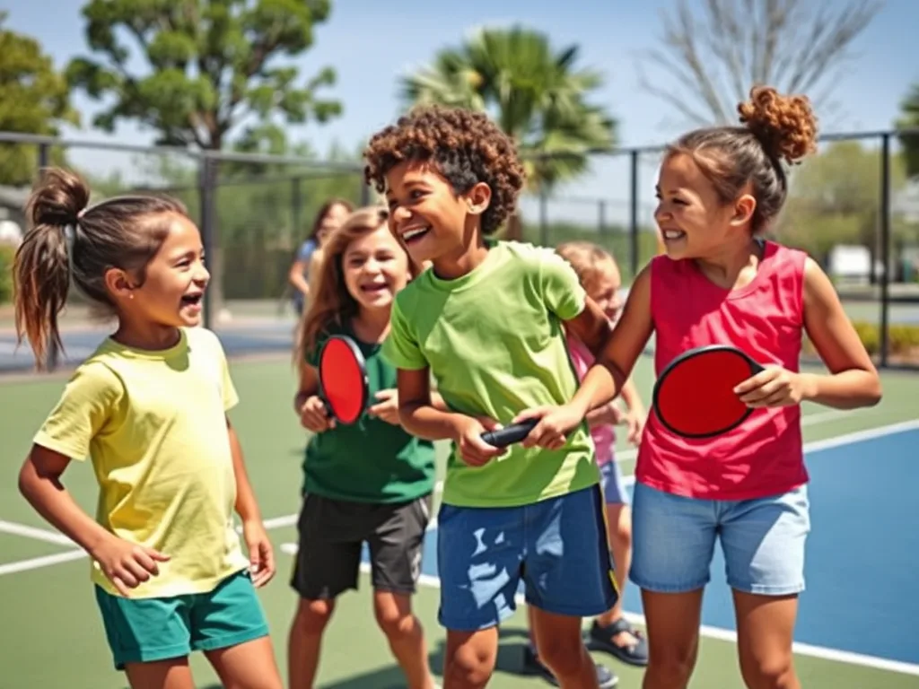 Nhóm trẻ em đa dạng vui vẻ chơi pickleball ngoài trời, rèn luyện phản xạ cực nhạy và kết nối xã hội, giúp con rời xa điện thoại.