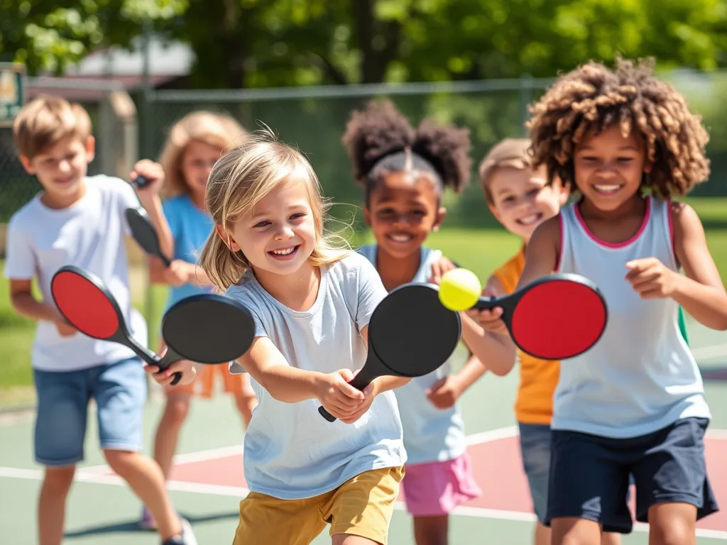 Nhóm trẻ em đang chơi pickleball ngoài trời, vung vợt phản xạ nhanh, tương tác vui vẻ, thể thao giúp rời xa điện thoại.