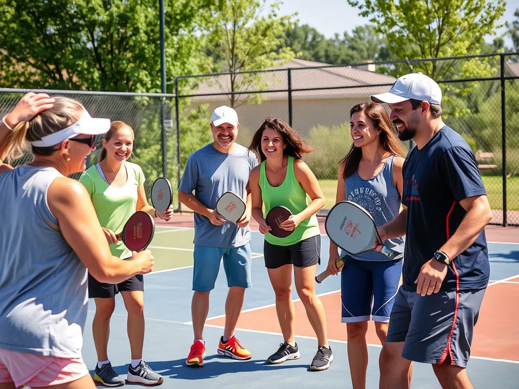 Nhóm vận động viên chuyên nghiệp từ các môn thể thao khác nhau chơi pickleball tại sân cộng đồng ngoài trời, tương tác vui vẻ dưới nắng. Nhóm vận động viên chuyên nghiệp từ các môn thể thao khác nhau chơi pickleball tại sân cộng đồng ngoài trời, tương tác vui vẻ dưới nắng.