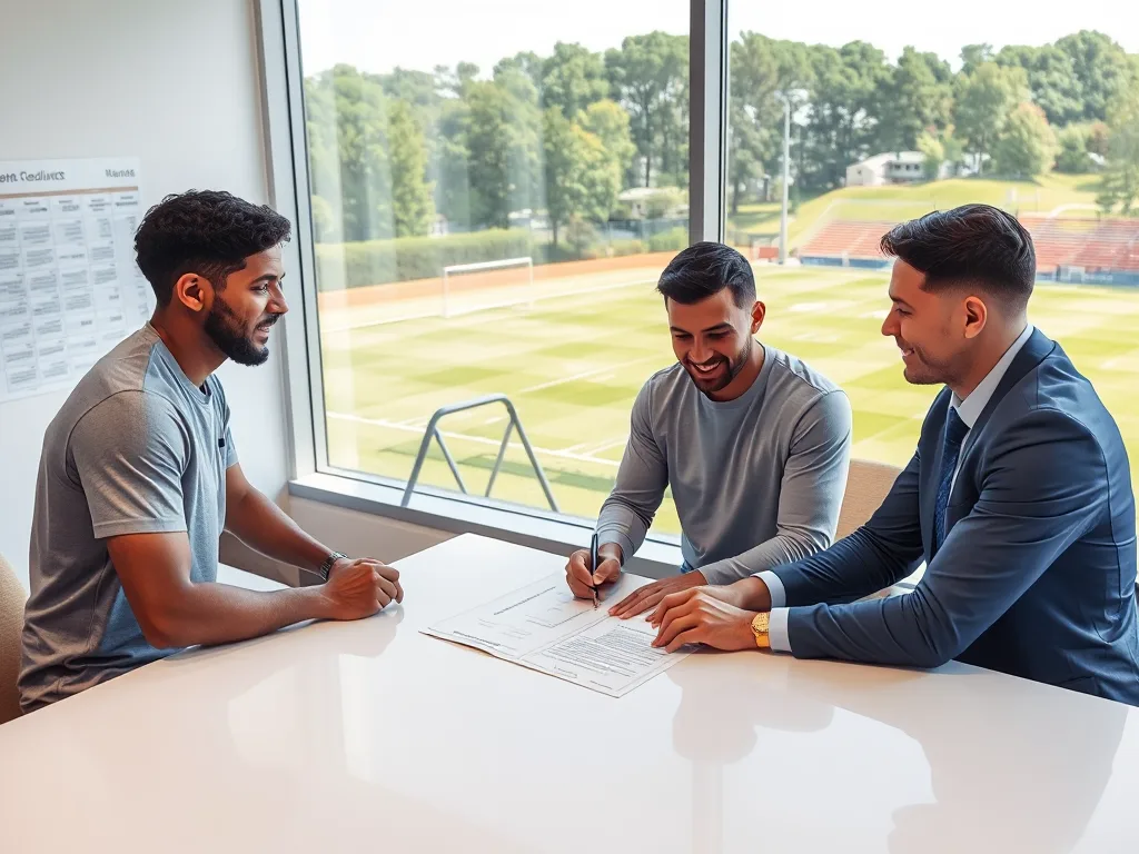 Nhóm vận động viên và quản lý ký hợp đồng thuê sân dài hạn trong văn phòng, bảng lịch trình cuối tuần được highlight, view sân đẹp qua cửa sổ. Nhóm vận động viên và quản lý ký hợp đồng thuê sân dài hạn trong văn phòng, bảng lịch trình cuối tuần được highlight, view sân đẹp qua cửa sổ.