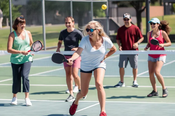 Những người mới chơi pickleball đang đánh bóng bằng vợt trên sân ngoài trời, vui vẻ và dễ học, phù hợp với hướng dẫn nhanh.