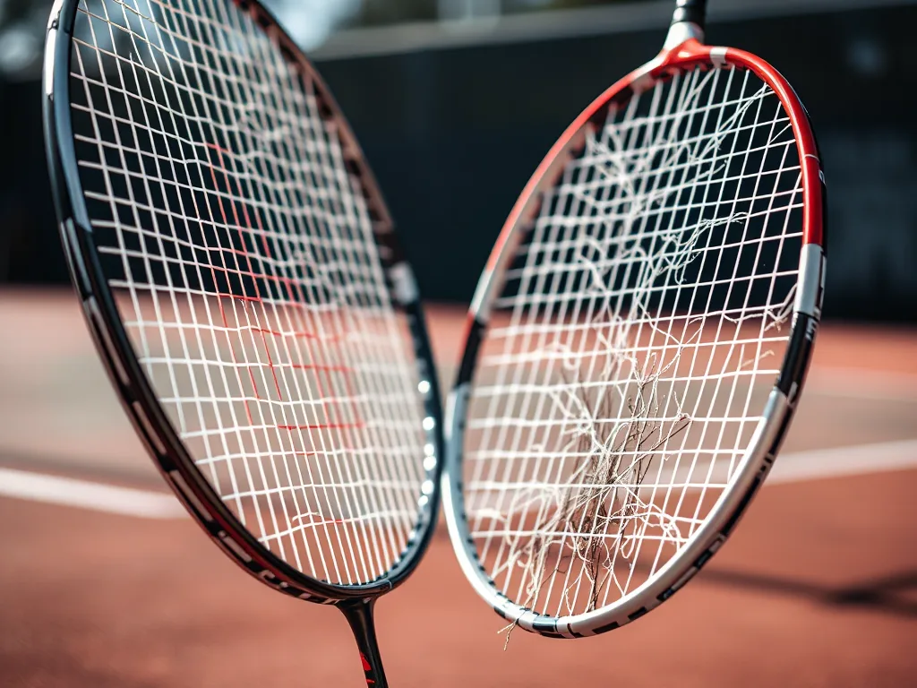 Phân biệt vợt chính hãng và vợt nhái qua hai chiếc vợt cầu lông: một chiếc dây căng đều khung mịn, chiếc kia dây lỏng khung xước trên sân.