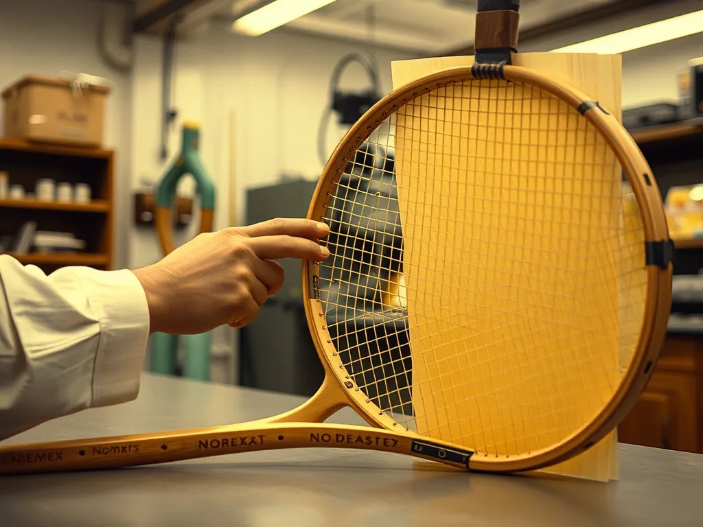 Phòng thí nghiệm hàng không cũ, kỹ sư kiểm tra mẫu lõi giấy tổ ong Nomex bên cạnh khung vợt tennis thủ công đầu tiên, bối cảnh lịch sử năm 1984.