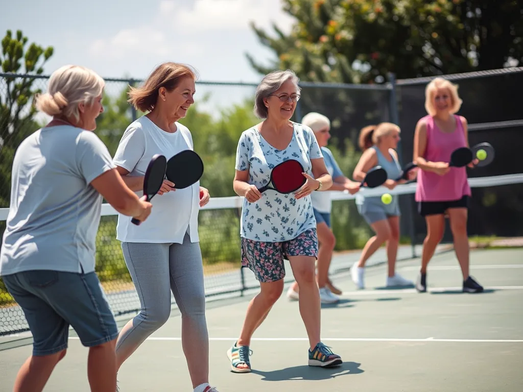 Phụ nữ tiền mãn kinh chơi pickleball an toàn trên sân ngoài trời, thực hiện động tác đúng kỹ thuật để phòng tránh chấn thương xương do loãng xương.