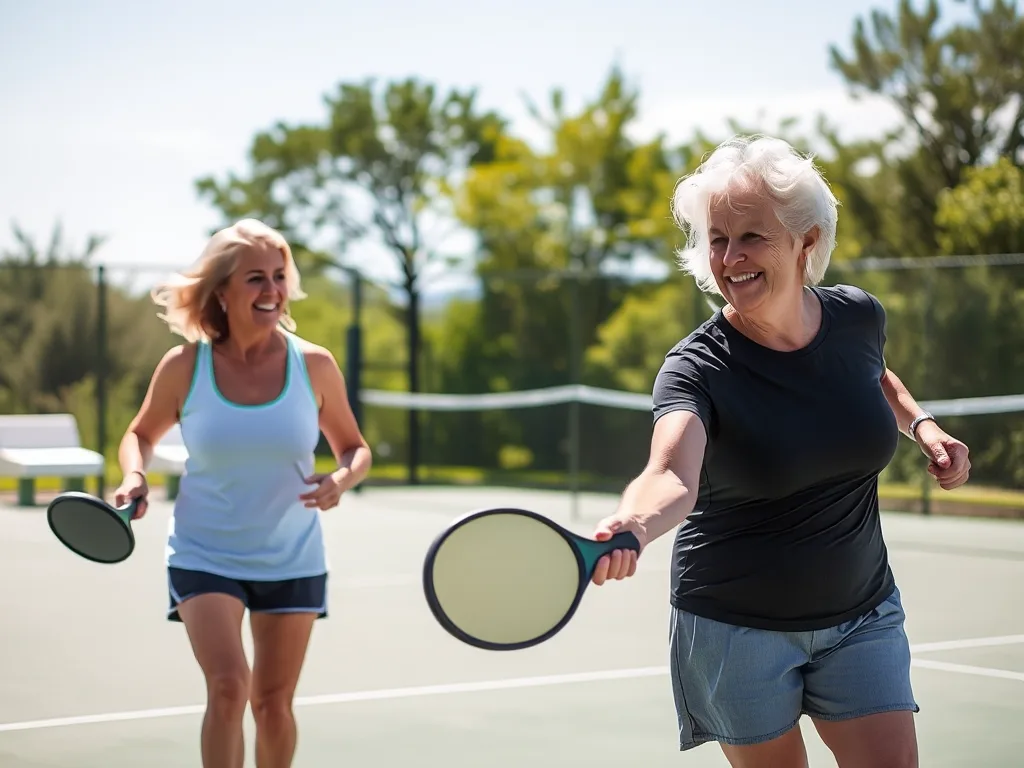 Phụ nữ tiền mãn kinh vui vẻ chơi pickleball ngoài trời, thể hiện môn thể thao cứu cánh giúp tăng cường mật độ xương.