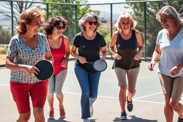 Phụ nữ tiền mãn kinh vui vẻ chơi pickleball ngoài trời trên sân thể thao, thể hiện môn thể thao hỗ trợ sức khỏe và chống loãng xương.