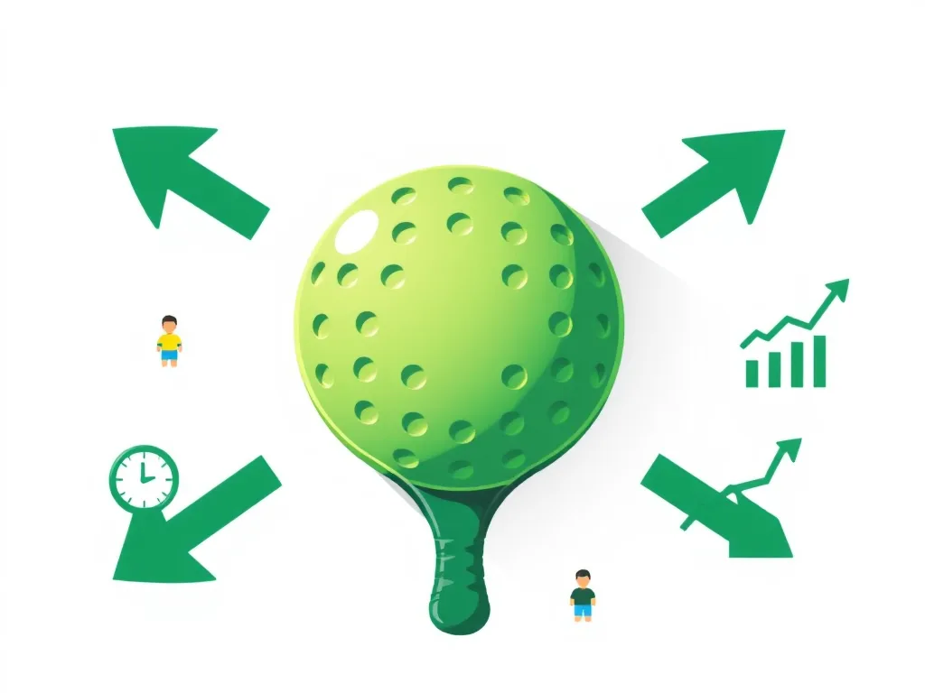 Quả bóng pickleball màu xanh lá ở giữa, các mũi tên cong xoay quanh, cùng các biểu tượng nhỏ như đồng hồ, nhóm người và biểu đồ tăng, phong cách đồ họa vector. Quả bóng pickleball màu xanh lá ở giữa, các mũi tên cong xoay quanh, cùng các biểu tượng nhỏ như đồng hồ, nhóm người và biểu đồ tăng, phong cách đồ họa vector.