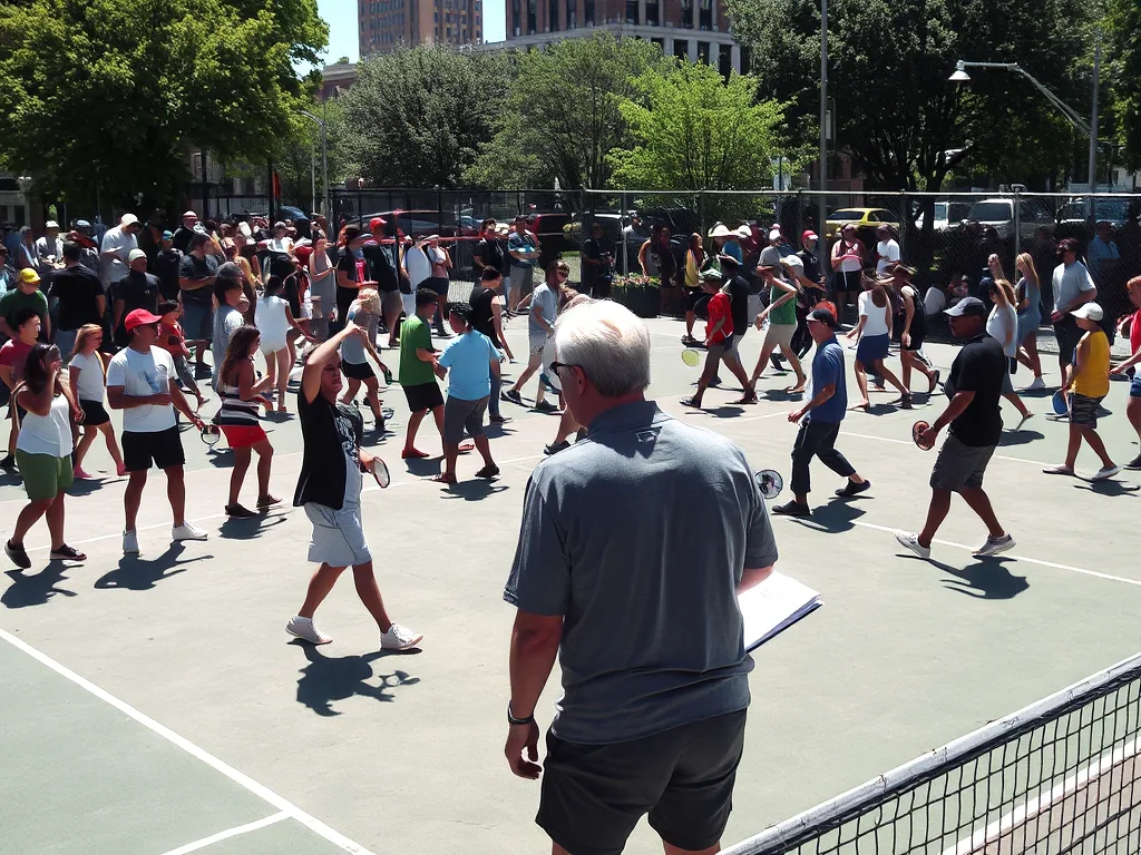 Sân chơi pickleball đông người ở đô thị, nhiều cầu thủ đang thi đấu, phóng viên ghi chú bên ngoài, phản ánh cơn sốt pickleball 16 triệu người chơi