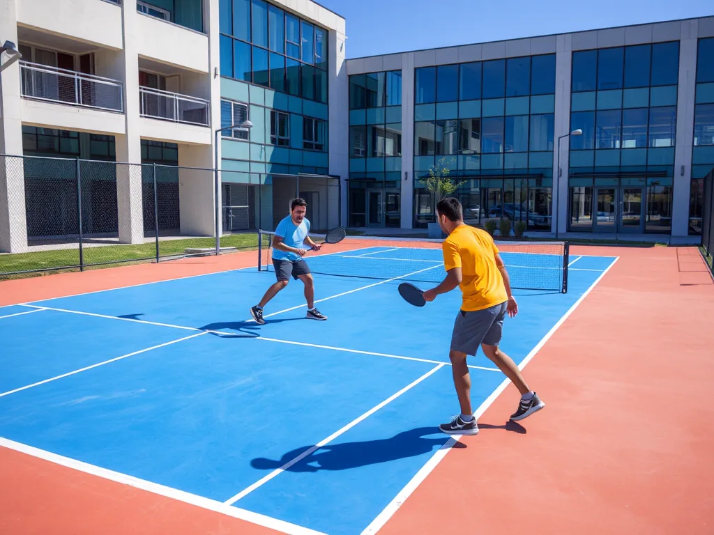 Sân pickleball chuẩn quốc tế La Queenara Hội An với mặt sân xanh, hai người chơi đang thi đấu, nắng sáng, không gian sạch sẽ.