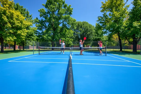 Sân pickleball HitPark Quận 2 với không gian mở, mặt sân xanh hiện đại và cây xanh xung quanh, các vận động viên chơi pickleball nhiệt tình.