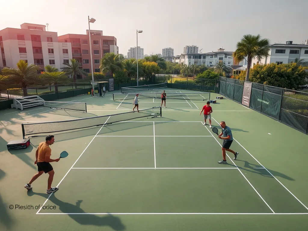 Sân pickleball sang xịn mịn Sài Gòn với mặt sân trơn, cơ sở vật chất cao cấp và không gian gọn gàng dưới ánh sáng tự nhiên.