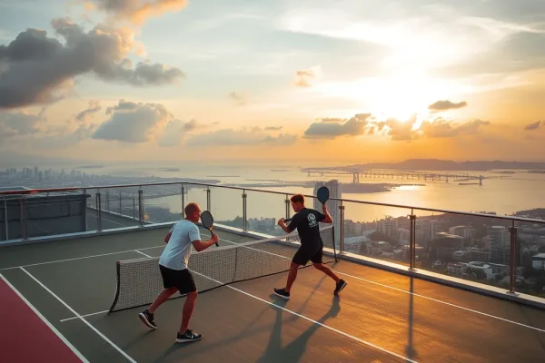Sân pickleball trên tầng 7 tại Unity Đà Nẵng với view biển, hai người chơi đang thi đấu dưới ánh hoàng hôn, không khí cực chill.