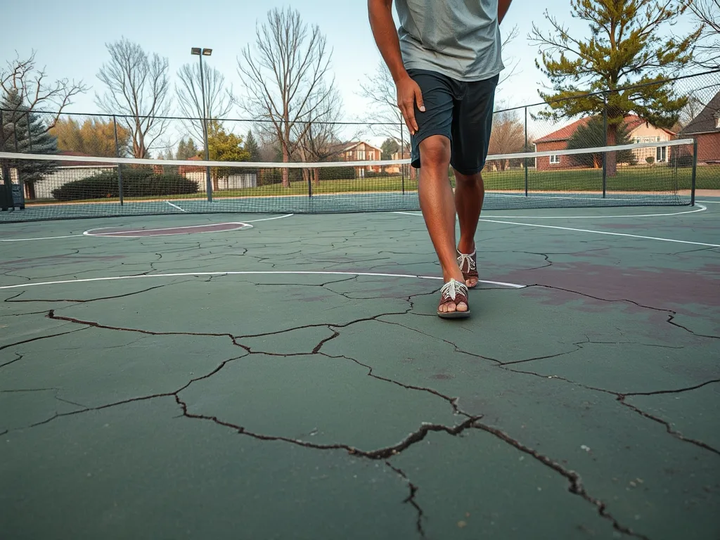 Sân Pickleball tự phát ngoài trời với mặt sân nứt, một cầu thủ ôm cổ chân chậm bước, thể hiện rủi ro chấn thương trong cơn sốt Pickleball.