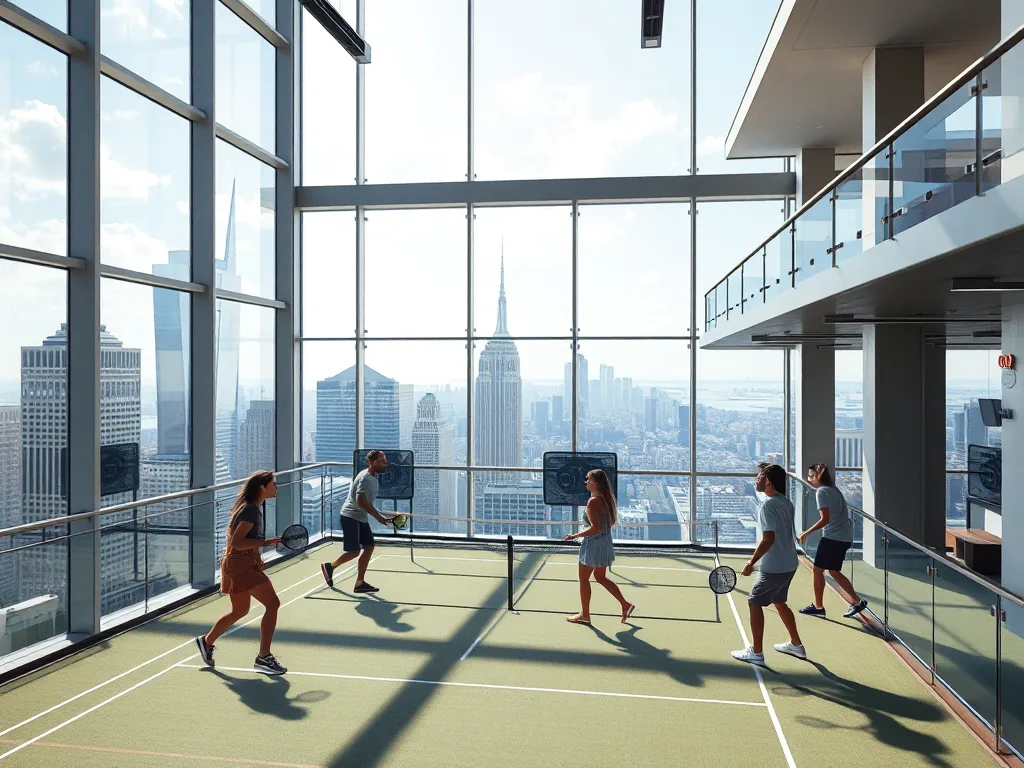 Sân pickleball Unity Đà Nẵng trên tầng 7 với view thành phố đẹp, các vợt thủ đang chơi trong không gian cực chill.