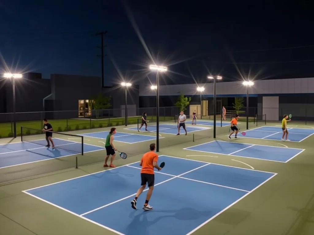 Sân Pickleball USC Thạnh Mỹ Lợi với 6 sân ngoài trời được chiếu sáng bởi đèn LED, mặt sân chuẩn màu xanh.