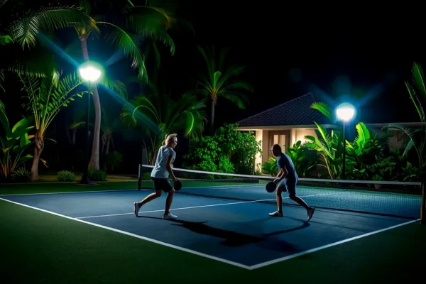 Sân pickleball Vườn Lan Quận 6 hoạt động 24/7, đêm khuya với đèn chiếu sáng, hai người chơi đang thi đấu trên sân trong khuôn viên vườn xanh.
