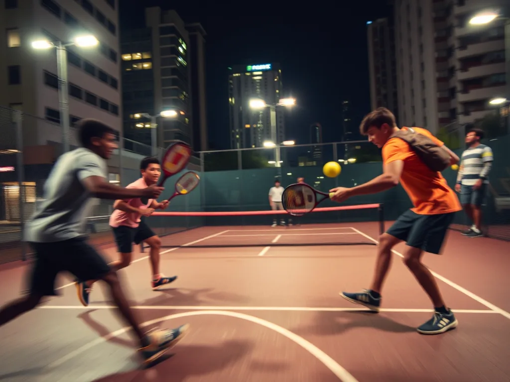 Sân Pickleball Vườn Lan Quận 6 hoạt động 24/7 với nhiều người chơi tranh tài dưới ánh đèn neon vào ban đêm.