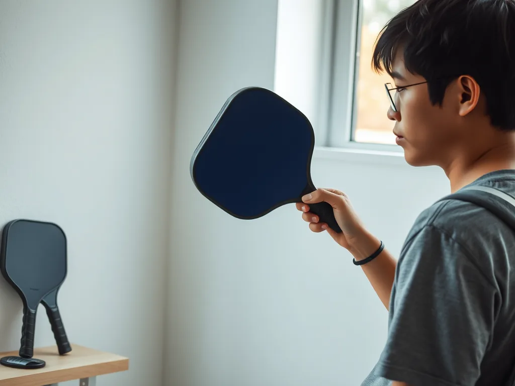 Sinh viên kiểm tra vợt Pickleball giá rẻ với các lựa chọn khác trên kệ, phòng trọ sinh viên, phong cách ảnh chân thực.