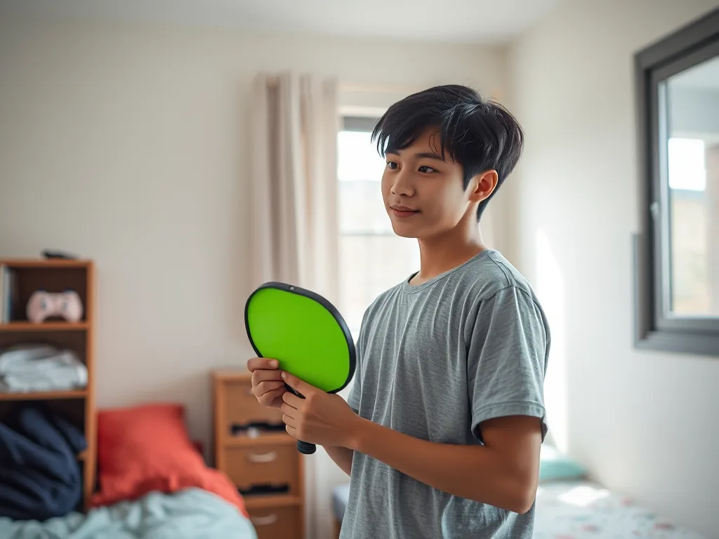 Sinh viên Việt Nam cầm vợt pickleball màu xanh lục kiểm tra trong phòng ký túc xá đơn giản, minh họa cho bài review vợt Pickleball giá rẻ cho sinh viên.