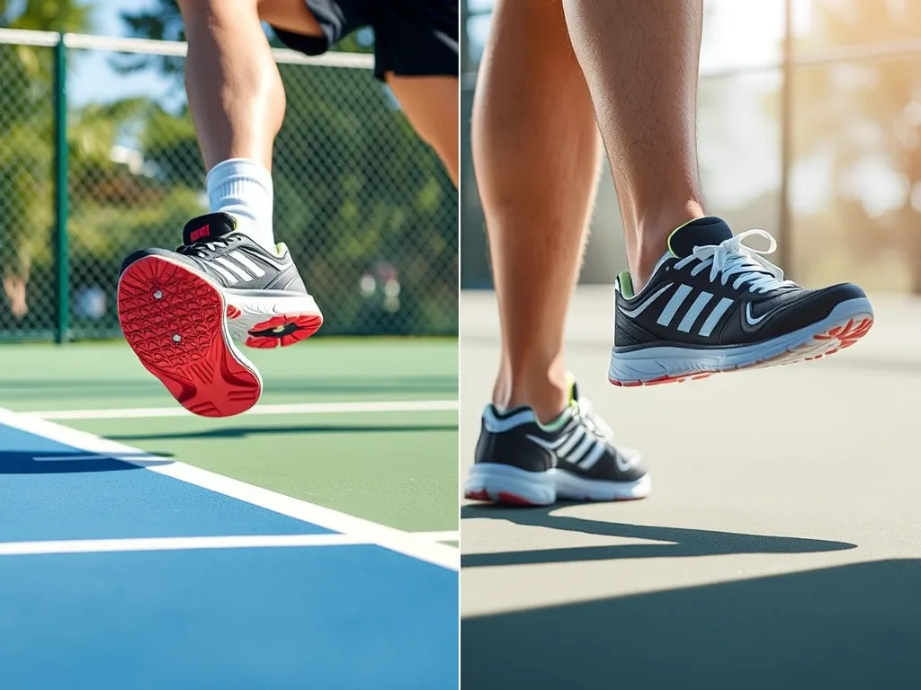 So sánh giày chạy bộ (trái) và giày pickleball (phải) trên sân, cảnh báo nguy cơ lật cổ chân nếu dùng giày chạy bộ chơi pickleball.