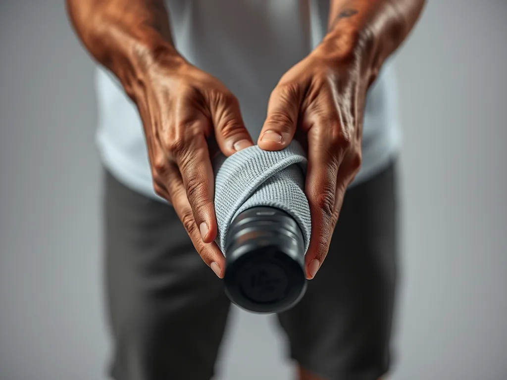 Tay đang quấn overgrip lên cán vợt Pickleball một cách cẩn thận, tập trung vào lớp bọc tăng độ bám và hút mồ hôi.