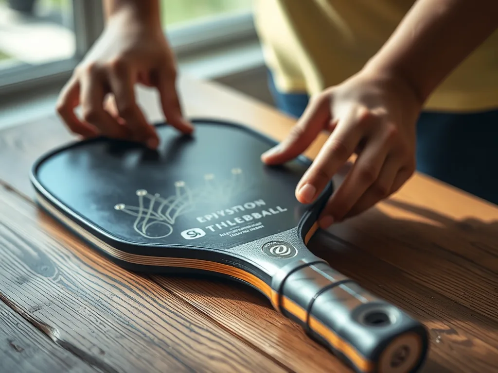 Tay kiểm tra kỹ mặt vợt và cán vợt pickleball cũ trên bàn gỗ, một bước quan trọng trong kinh nghiệm mua vợt cũ trên hội nhóm để không dính phốt.