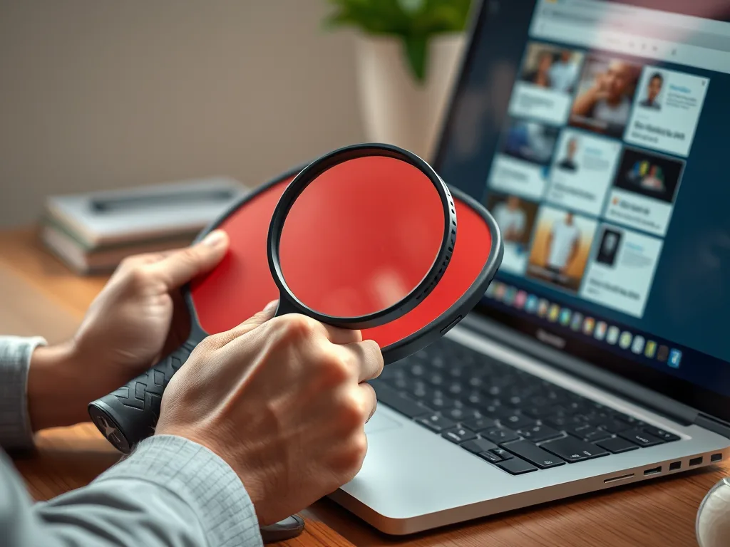 Tay kiểm tra vợt Pickleball cũ bằng kính lúp trên bàn gỗ, laptop mở trang diễn đàn mờ, ánh sáng tự nhiên, minh họa chi tiết.