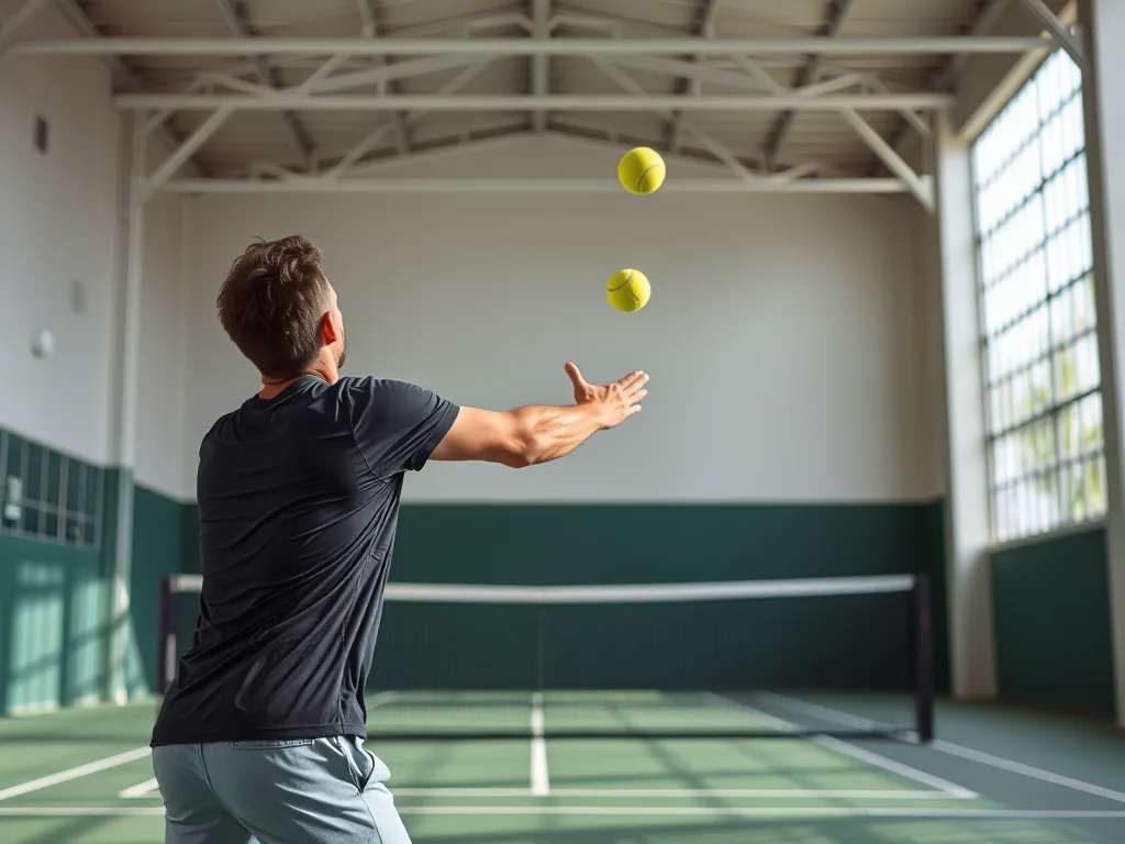Tay tennis thực hiện cú giao bóng sâu, bóng bay xa về phía vạch cuối sân trong sân tennis trống, chụp động tác với ánh sáng tự nhiên.