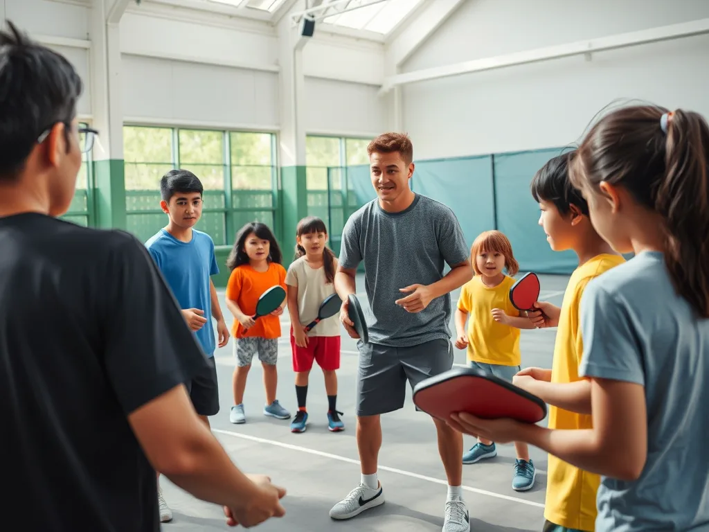 Tay vợt pickleball nổi tiếng Việt Nam hướng dẫn nhóm người chơi trẻ trong sân đấu trong nhà hiện đại, thể hiện sự phát triển nhanh của môn thể thao này.