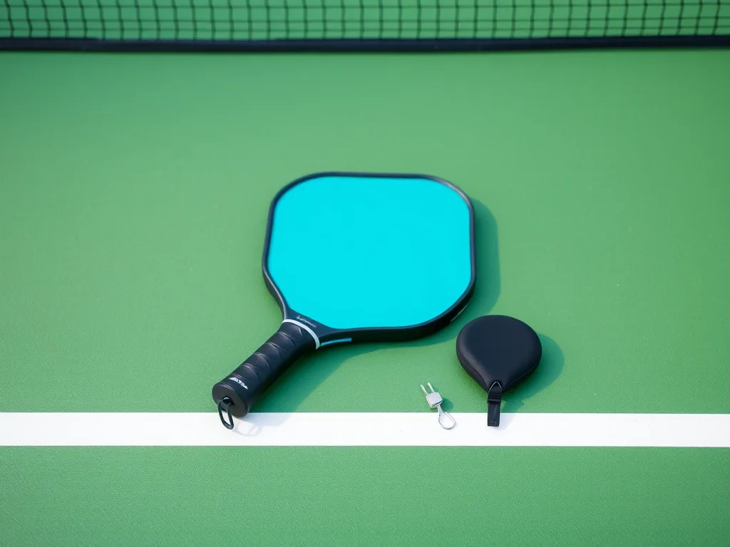 Tay vợt pickleball và ba phụ kiện nhỏ gồm bọc tay, giảm rung, và bao tay vợt được sắp xếp gọn gàng trên sân, thể hiện 5 món phụ kiện "nhỏ nhưng có võ" không thể thiếu. Tay vợt pickleball và ba phụ kiện nhỏ gồm bọc tay, giảm rung, và bao tay vợt được sắp xếp gọn gàng trên sân, thể hiện 5 món phụ kiện "nhỏ nhưng có võ" không thể thiếu.
