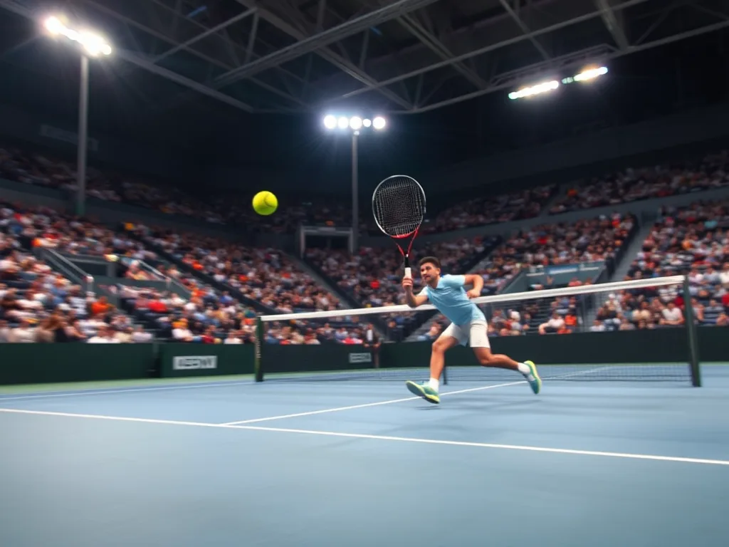 Tay vợt thực hiện cú giao bóng sâu, bóng bay vượt qua lưới, đối thủ chạy vội về phía vạch biên, sân tennis trong nhà đèn sáng.