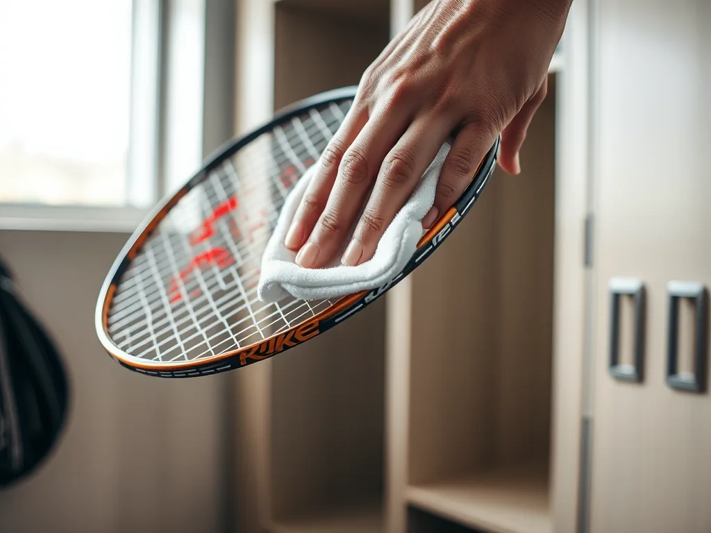 Tay vuốt nhẹ nhàng mặt vợt carbon bằng khăn mềm sau trận đấu trong phòng thay đồ, thao tác vệ sinh đúng cách để bảo quản vợt carbon.