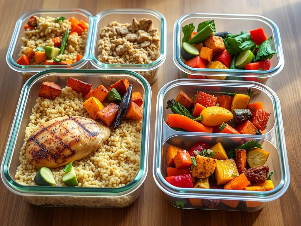 Thực đơn 7 ngày cho vận động viên Pickleball với cơm quinoa, ức gà nướng và rau củ quả luộc/ nướng được chia phần trong hộp đựng thức ăn, phông nền gỗ nhẹ, ánh sáng tự nhiên
