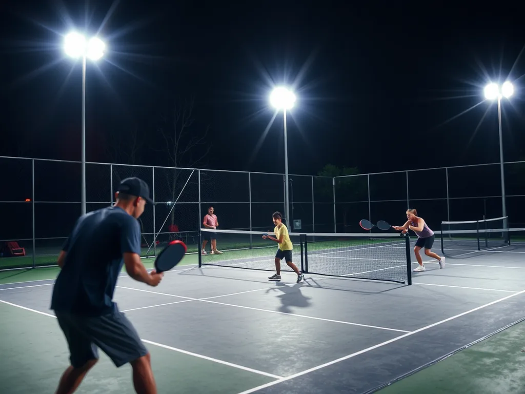 Trận đấu pickleball diễn ra vào ban đêm dưới đèn chiếu sáng tại sân Vườn Lan Quận 6, phản ánh địa điểm hoạt động 24/7 cho người nghiện bóng.