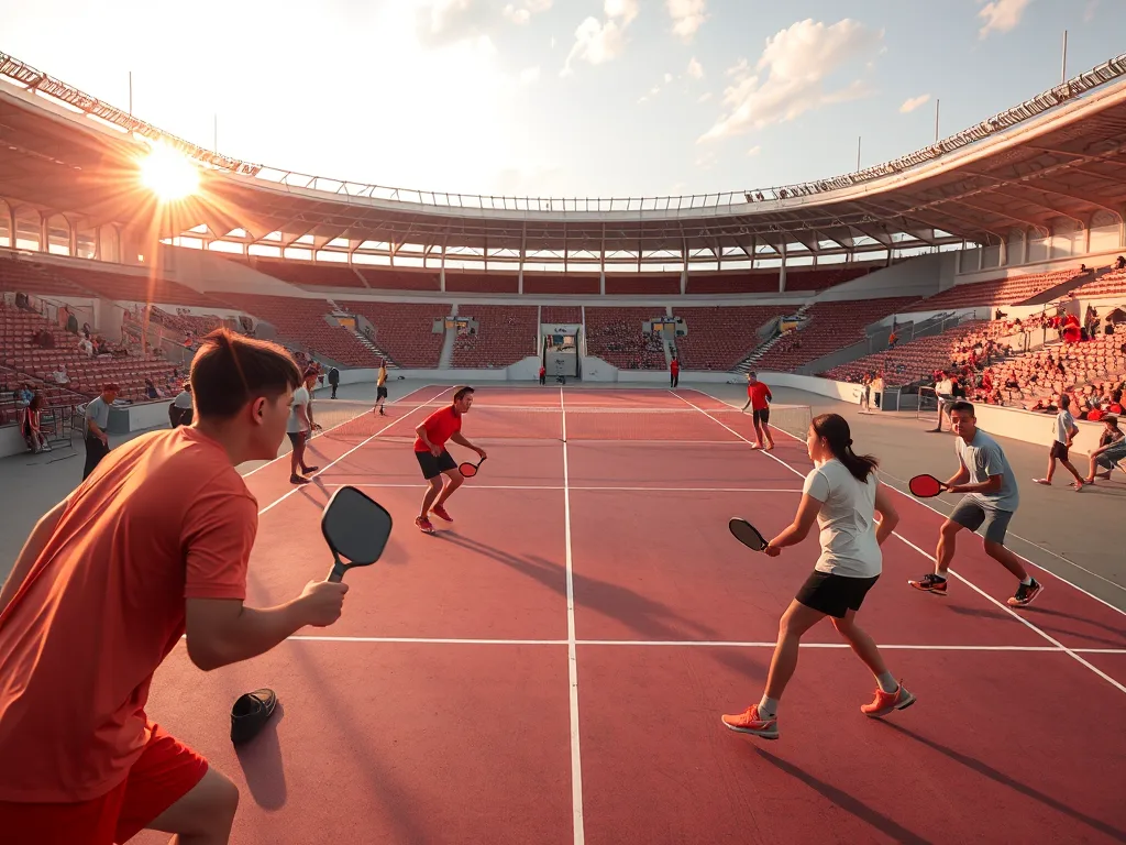 Trận đấu pickleball sôi nổi tại giải D-Joy Tour 2026, các vận động viên Việt Nam thi đấu trong sân vận động hiện đại có cờ đỏ sao vàng.