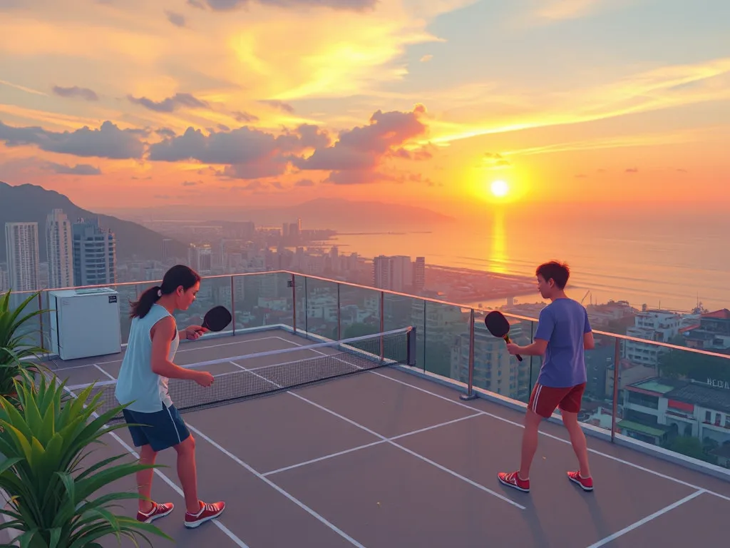 Tranh minh họa sân pickleball Unity Đà Nẵng trên tầng 7 với view toàn cảnh biển và thành phố, người chơi đang vui chơi trong không khí chill.