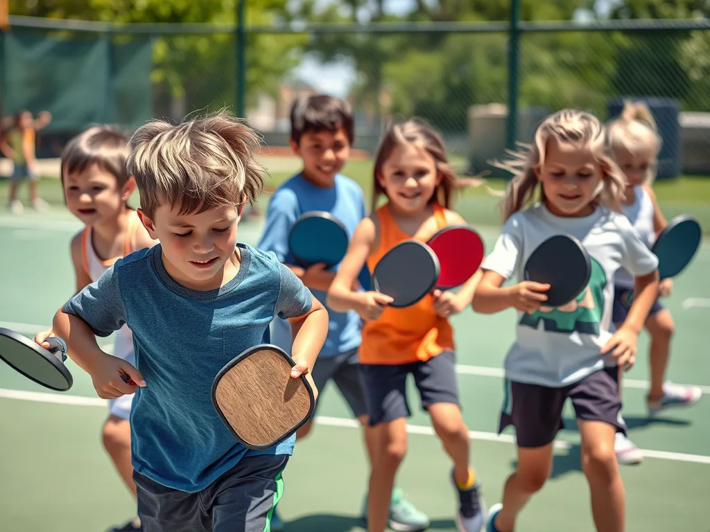 Trẻ em chơi pickleball ngoài trời, phản xạ nhanh với vợt, rèn luyện tư duy chiến thuật và kỹ năng vận động, xa điện thoại.