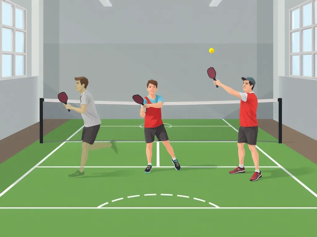 Trong bài hướng dẫn chơi pickleball cho người mới, hình minh họa này cho thấy một vận động viên thực hiện ba kỹ thuật cốt lõi: dink, volley và giao bóng trên sân trong nhà sáng sủa.