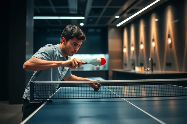 Vận động viên bóng bàn chuyên nghiệp thực hiện cú Dink tinh tế tại khu vực gần lưới (kitchen) trong phòng thi đấu hiện đại.