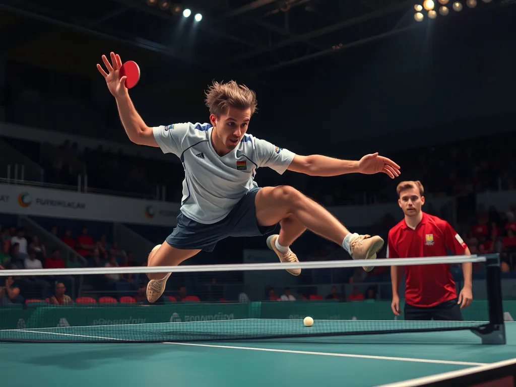 Vận động viên bóng bàn thực hiện cú đánh Erne đầy mạo hiểm, bật nhảy ra ngoài bàn, đối thủ bất ngờ ngã mũ thán phục.