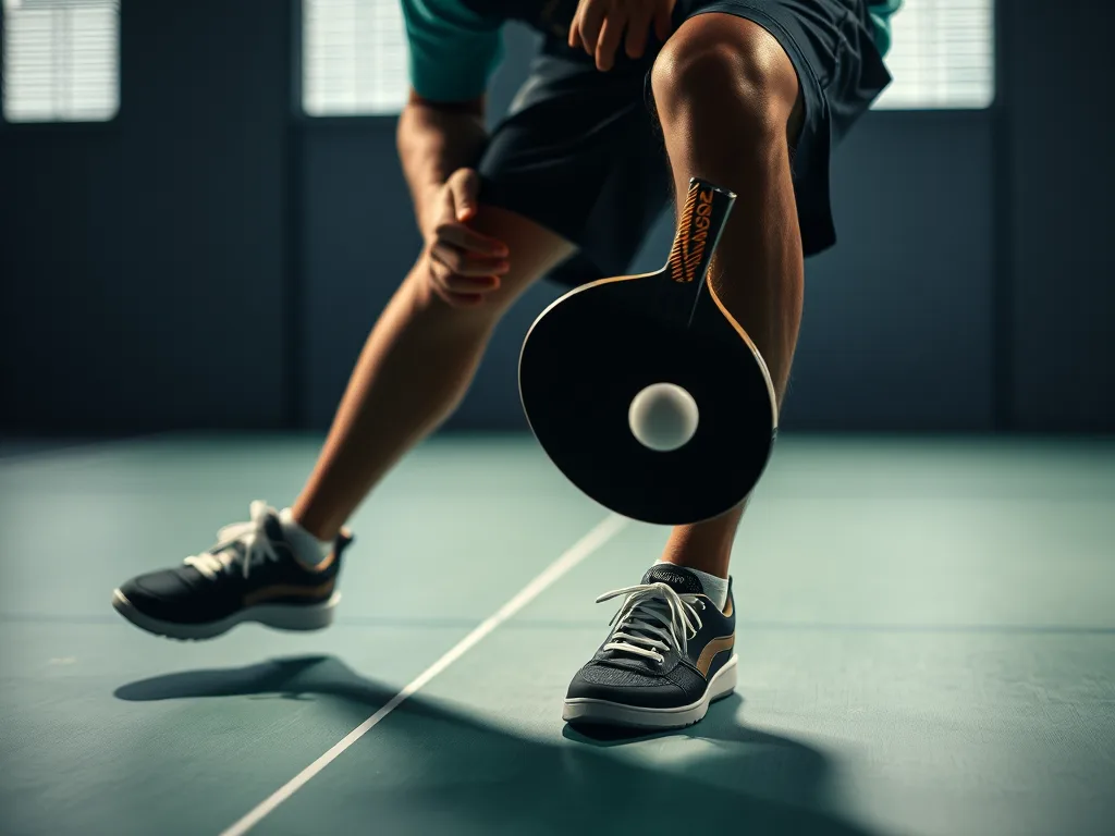 Vận động viên bóng bàn thực hiện footwork chuẩn bị đánh kỹ thuật ATP (Around the Post) với góc đánh thấp, tư thế xoay người và cầm vợt nghiêng. Vận động viên bóng bàn thực hiện footwork chuẩn bị đánh kỹ thuật ATP (Around the Post) với góc đánh thấp, tư thế xoay người và cầm vợt nghiêng.