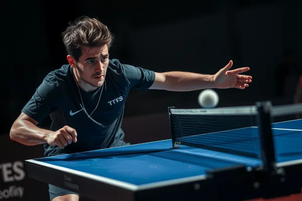 Vận động viên bóng bàn thực hiện kỹ thuật ATP, bóng đi xoắn quanh cột lưới trong trận đấu chuyên nghiệp, ánh sáng sân khấu.