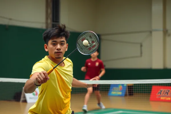 Vận động viên cầu lông thực hiện cú đánh giả (fake dink) ở lưới, đối thủ bị lừa di chuyển sai hướng trên sân trong nhà.