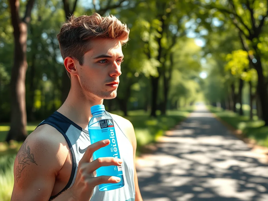 Vận động viên chạy bộ ngoài trời đang uống nước điện giải từ chai màu xanh, mồ hôi lấp lánh dưới ánh nắng rực rỡ trong công viên. Vận động viên chạy bộ ngoài trời đang uống nước điện giải từ chai màu xanh, mồ hôi lấp lánh dưới ánh nắng rực rỡ trong công viên.