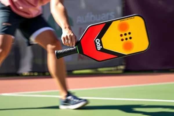 Vận động viên chơi pickleball dùng vợt Joola Anna Bright Scorpeus 3 trên sân sáng, cú đánh mạnh mẽ, thể hiện công nghệ mới nhất 2026.