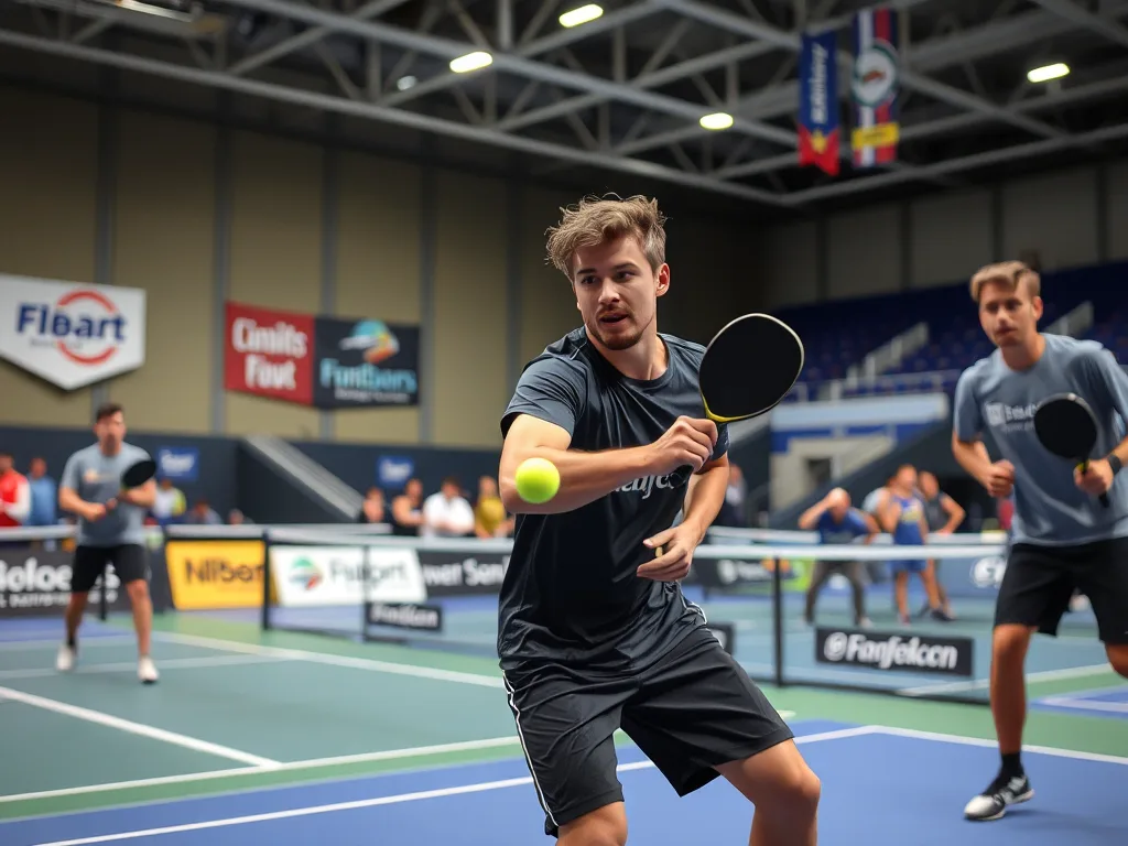 Vận động viên chuyển ngành sang pickleball thi đấu chuyên nghiệp trong sân, với băng rôn tài trợ, minh họa cơ hội tài chính từ sự bùng nổ môn thể thao. Vận động viên chuyển ngành sang pickleball thi đấu chuyên nghiệp trong sân, với băng rôn tài trợ, minh họa cơ hội tài chính từ sự bùng nổ môn thể thao.