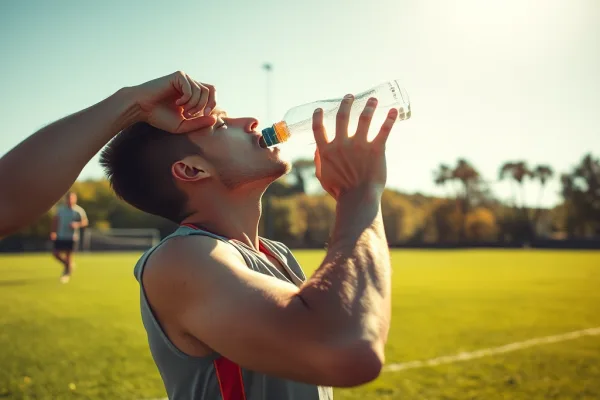 Vận động viên đang uống nước từ chai thể thao trong suốt trên sân cỏ nắng, sau khi chơi bóng đá, chai nước điện giải.