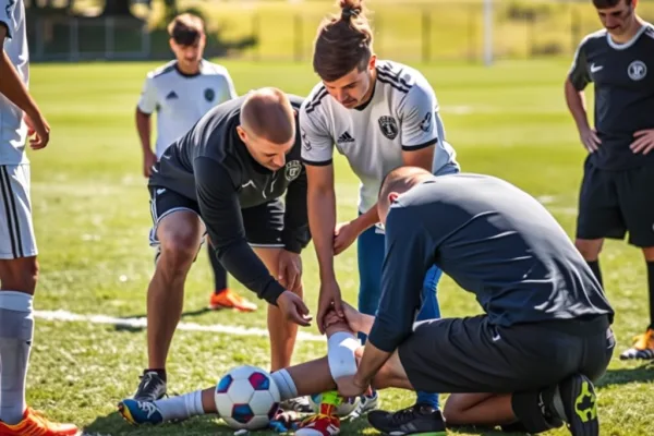 Vận động viên được sơ cứu nhanh chấn thương mắt cá chân trên sân đấu, nhân viên y tế băng bó, các đồng đội đứng xung quanh