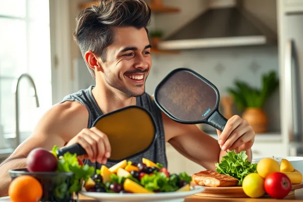 Vận động viên Pickleball ăn uống lành mạnh với trái cây, rau và protein, minh họa cho dinh dưỡng thể thao.
