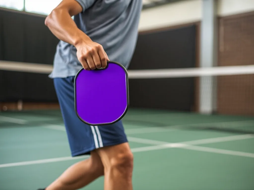 Vận động viên pickleball cầm vợt nhẹ, tư thế chuẩn bị đánh, với vợt nặng bên cạnh, minh họa cách chọn vợt dựa trên trọng lượng để bảo vệ cổ tay.